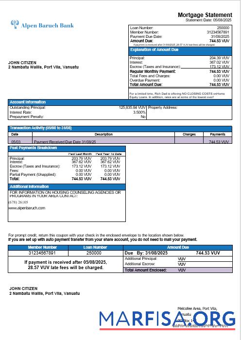 Printable Vanuatu Alpen Baruch Bank mortgage statement in Word and PDF formats template